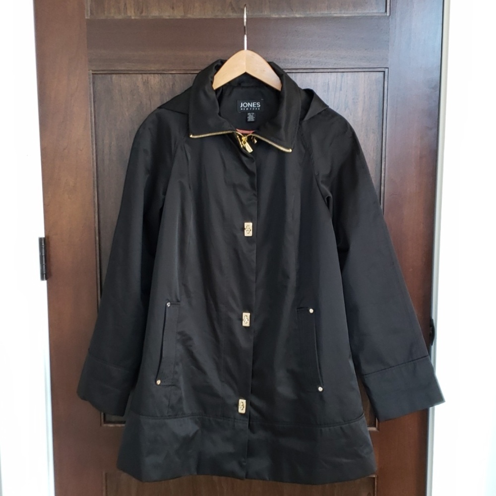 Jones New York Black Hooded Raincoat sz XS